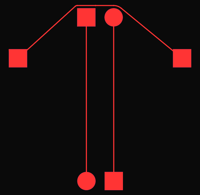 A more optimal routing on the same layout as above. It is now thehorizontal track that is bended, while the vertical tracks arestraight.