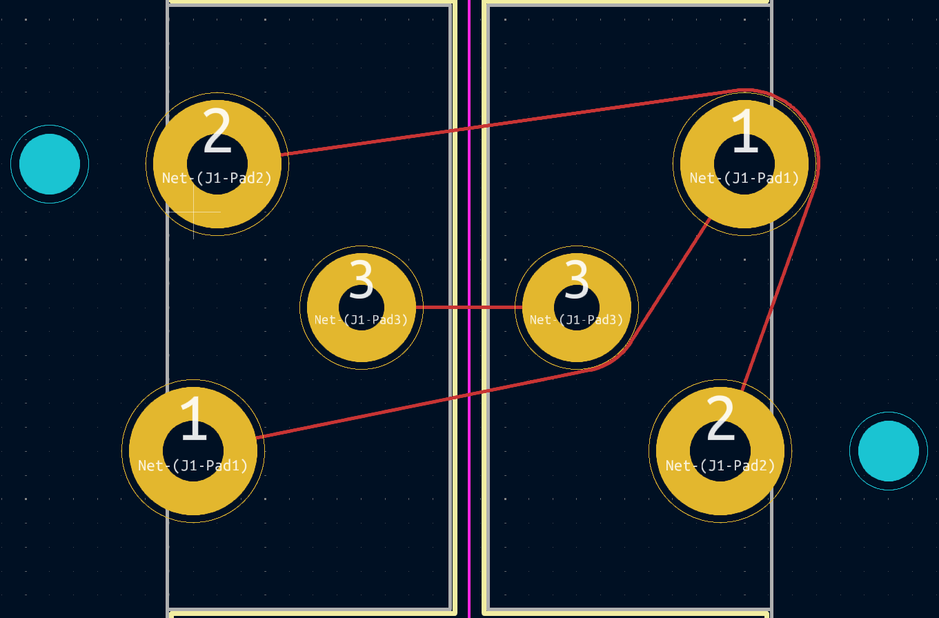 A simple 3-pin XLR connector gender changer PCB with any-angle tracksloaded in KiCad PCB Editor.