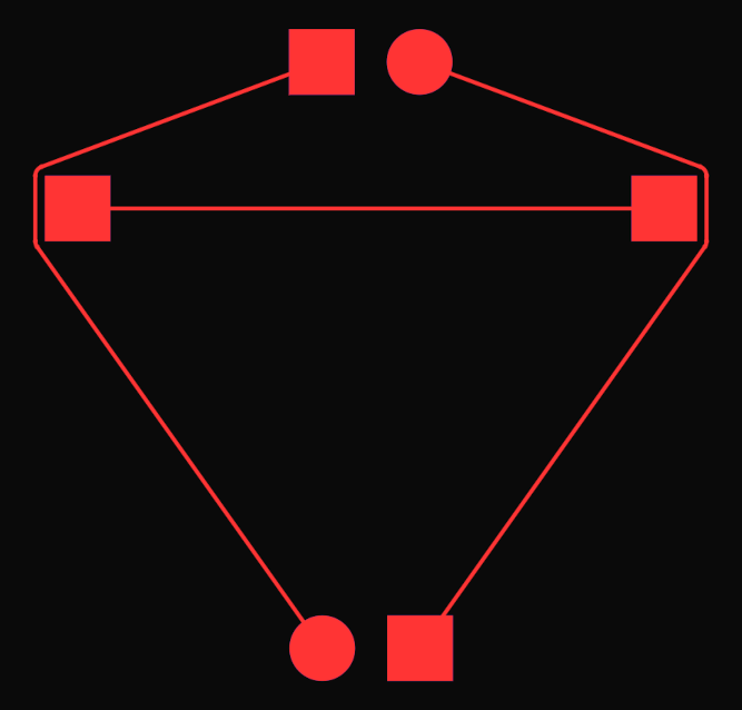 A suboptimal routing of one straight horizontal and two bended verticaltracks.