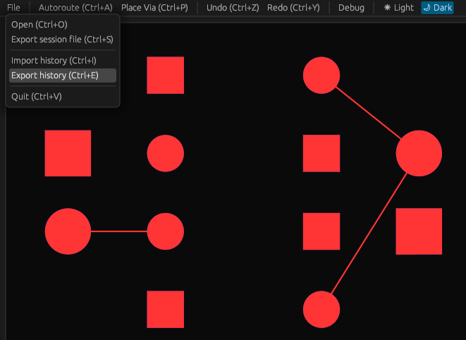 Topola’s GUI application. A layout is loaded. File menubar option isdropped down, showing, among others, a hovered-on Export historyoption.