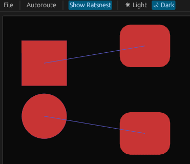 Animation showing two pads being selected with cursor. Then the cursor clicks on a button labeled“Autoroute”, and a straight trace appears connecting both pads