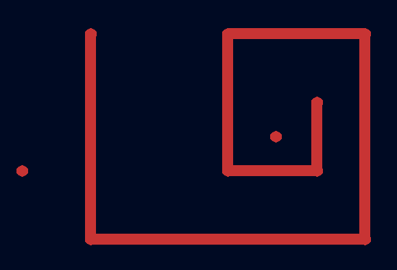 Animation displaying some of the actions Topola makes during routingas it goes. A navigation mesh is overlaid on a layout. The currentlyactive unfinished route is drawn, and its corresponding trace on thenavigation mesh is shown by highlighting the itsedges.