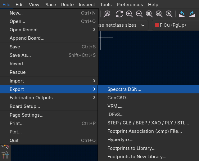KiCad screenshot showing how to export Specctra DSN by choosing File >Export > Specctra DSN