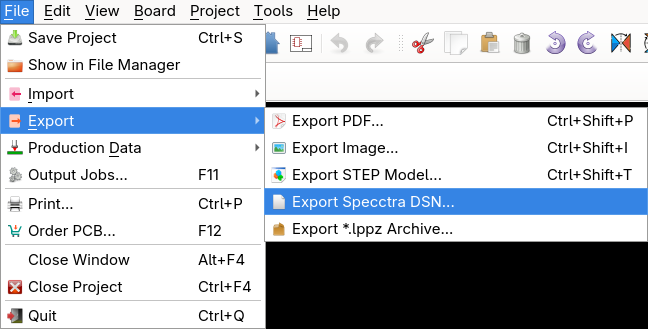 LibrePCB screenshot showing how to export SpecctraDSN by choosing File > Export > Export SpecctraDSN